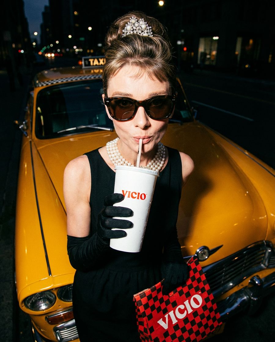 Wekker Studios AI campaign — vintage editorial portrait with a taxi