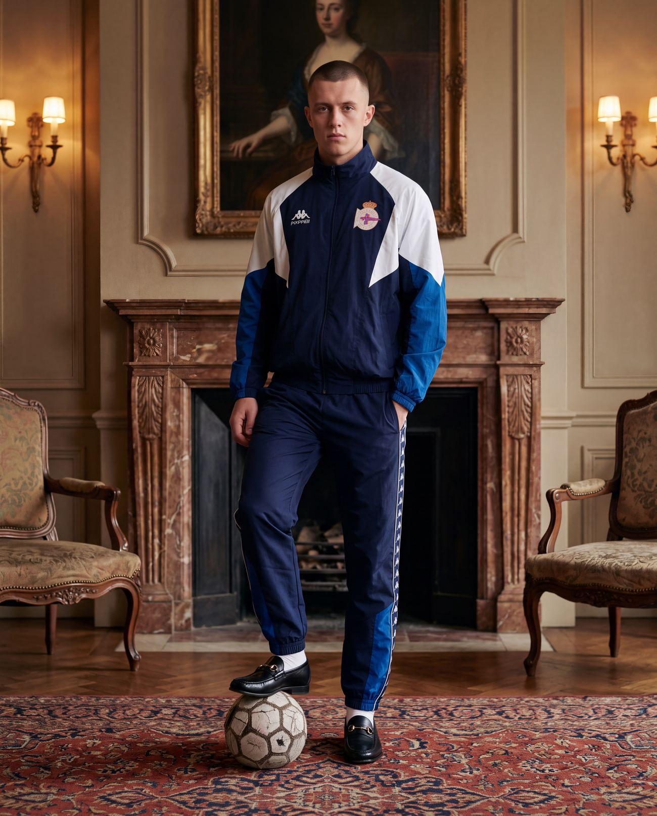 Wekker Studios AI campaign — tracksuit portrait in a period interior